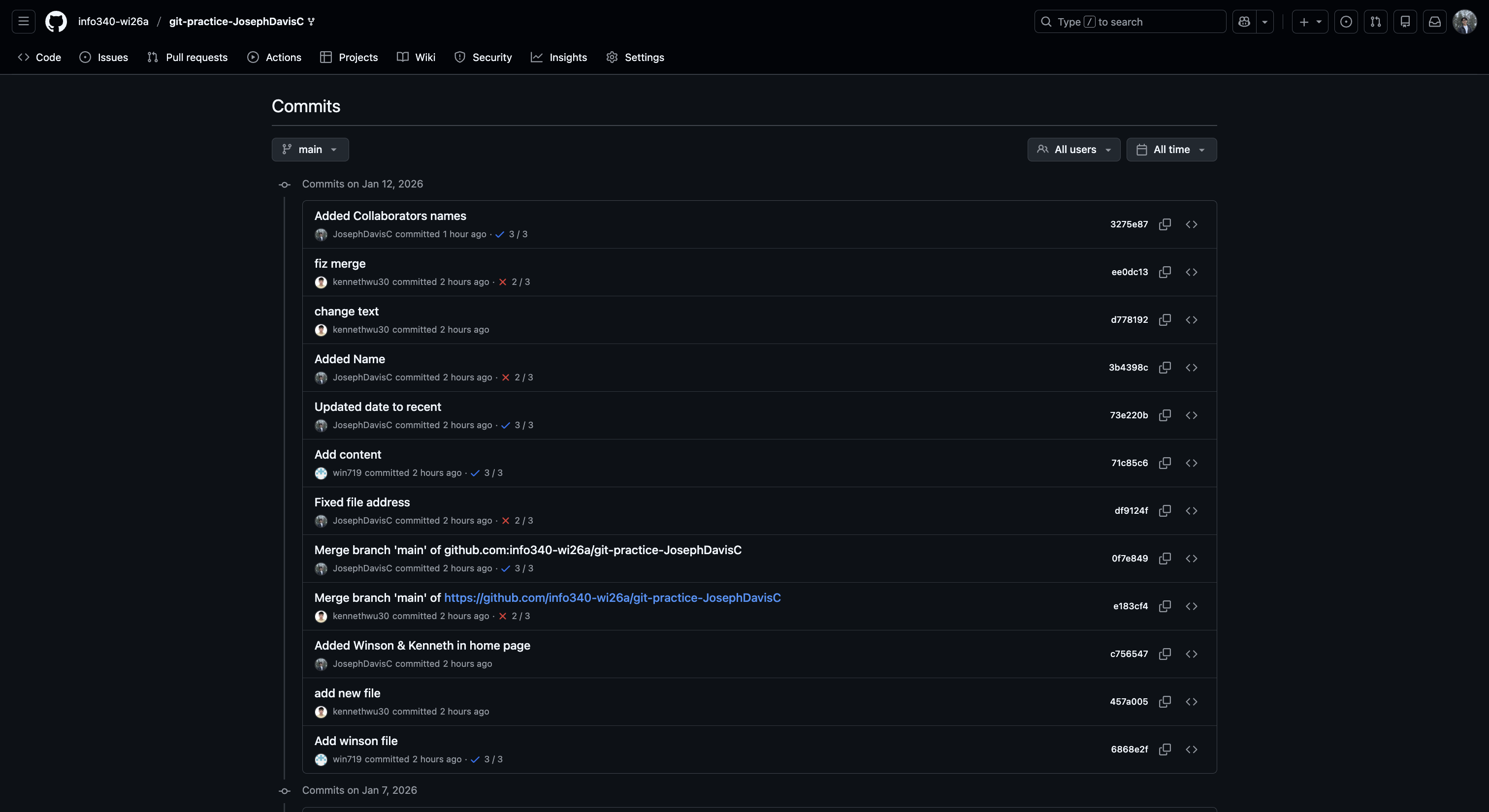Git commit history showing group collaboration