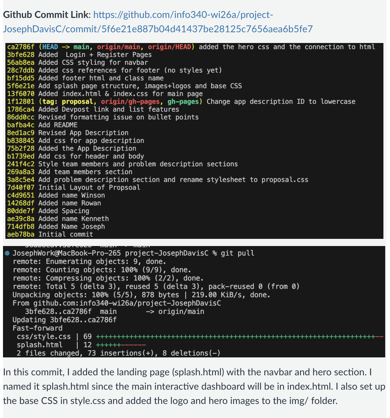 Git log showing commits from all team members and git pull output