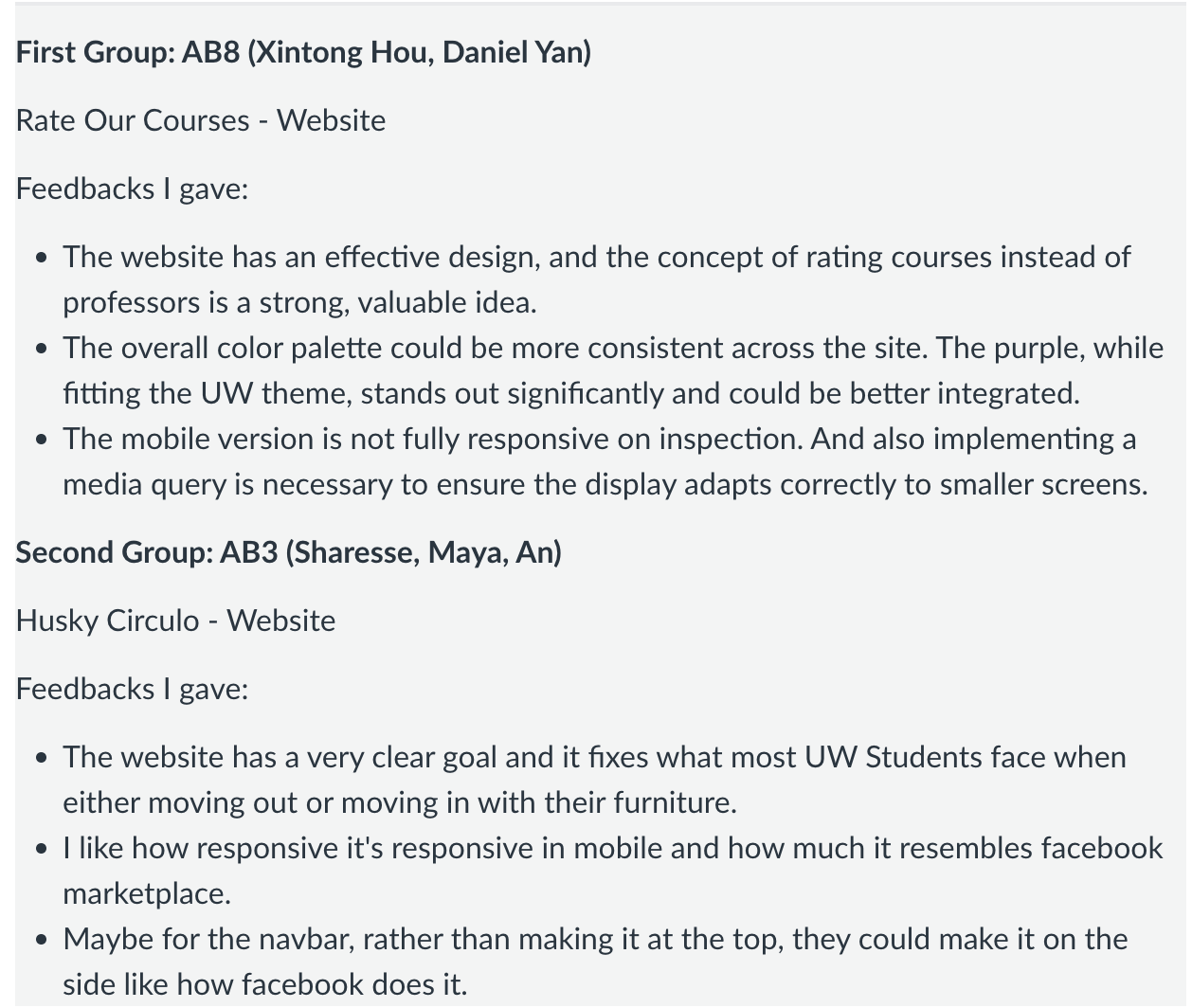 Canvas submission showing peer feedback for two groups