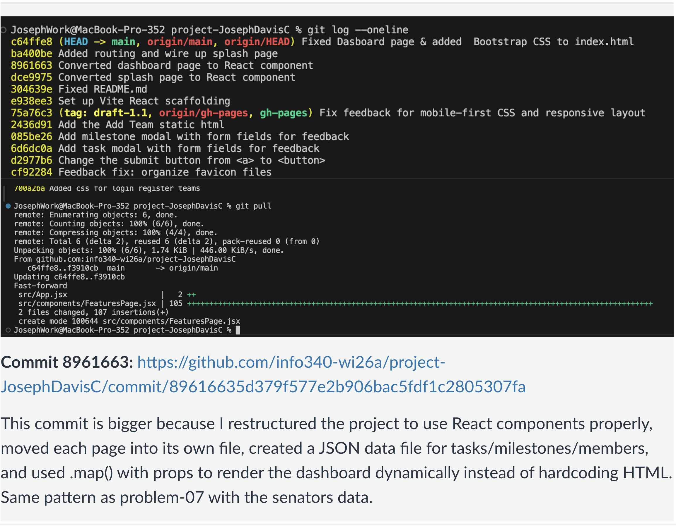 Terminal showing git log with team commits and git pull integrating teammate changes